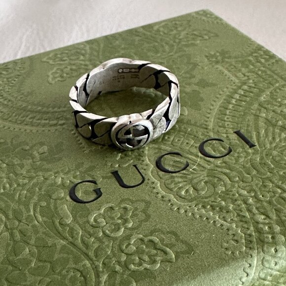 NEW GUCCI INTERLOCKING RING SILVER GG LOGO Black Chain Sz 19 IT 8.75 US Enamel - Picture 5 of 9